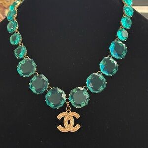 Upcycled Teal Acrylic Crystal Necklace with Gold-Tone CC Pendant